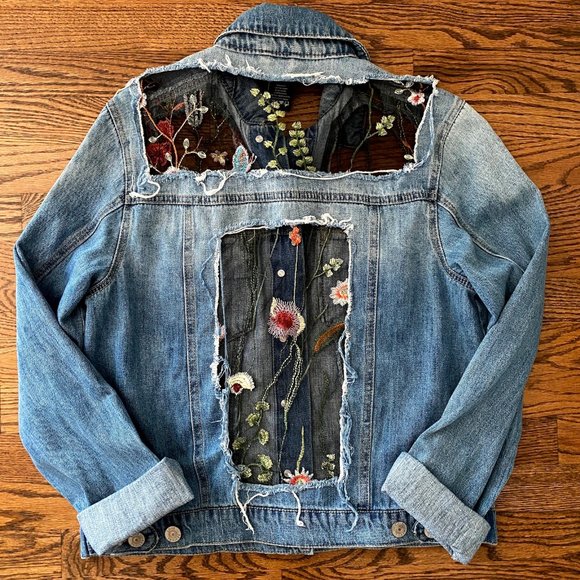 Jackets & Blazers - SOLD Floral Mesh Embroidered Upcycled Distressed Denim Ripped Jean Jacket